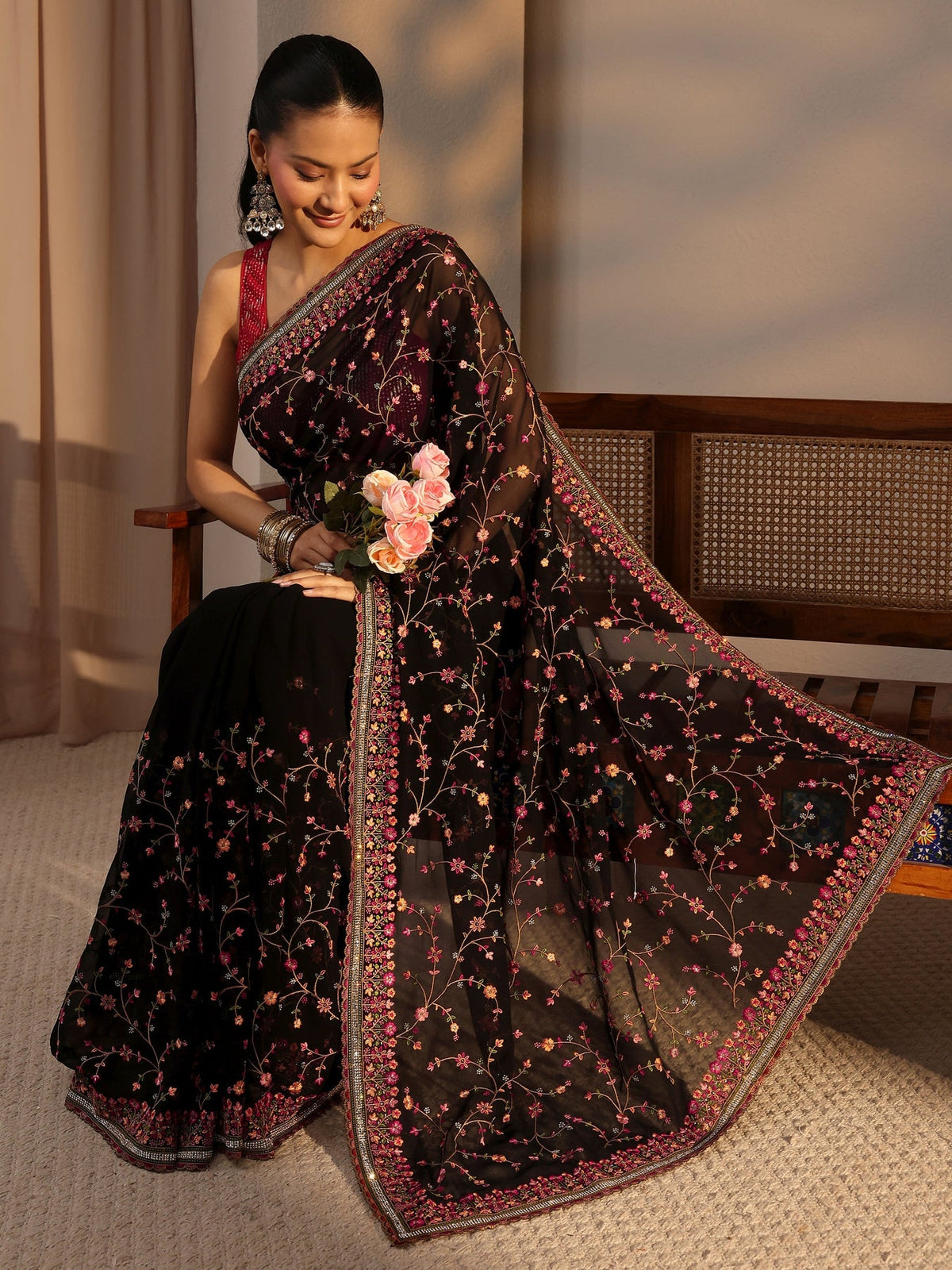 Libas Black Floral Embroidered Net Saree With Unstitched Blouse Piece S45