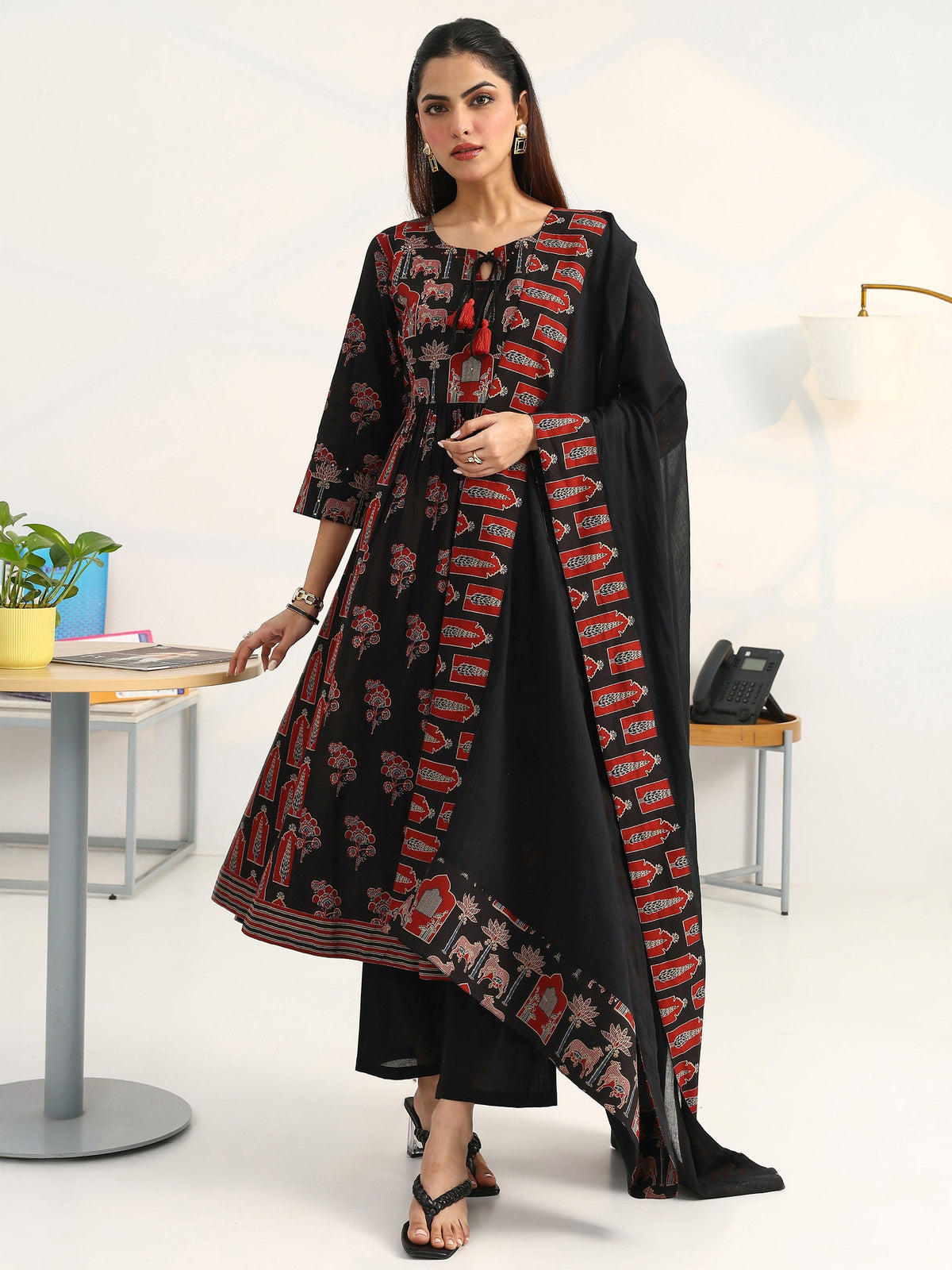 Gerua Black Floral Printed Cotton Blend A-Line Suit Set With Dupatta