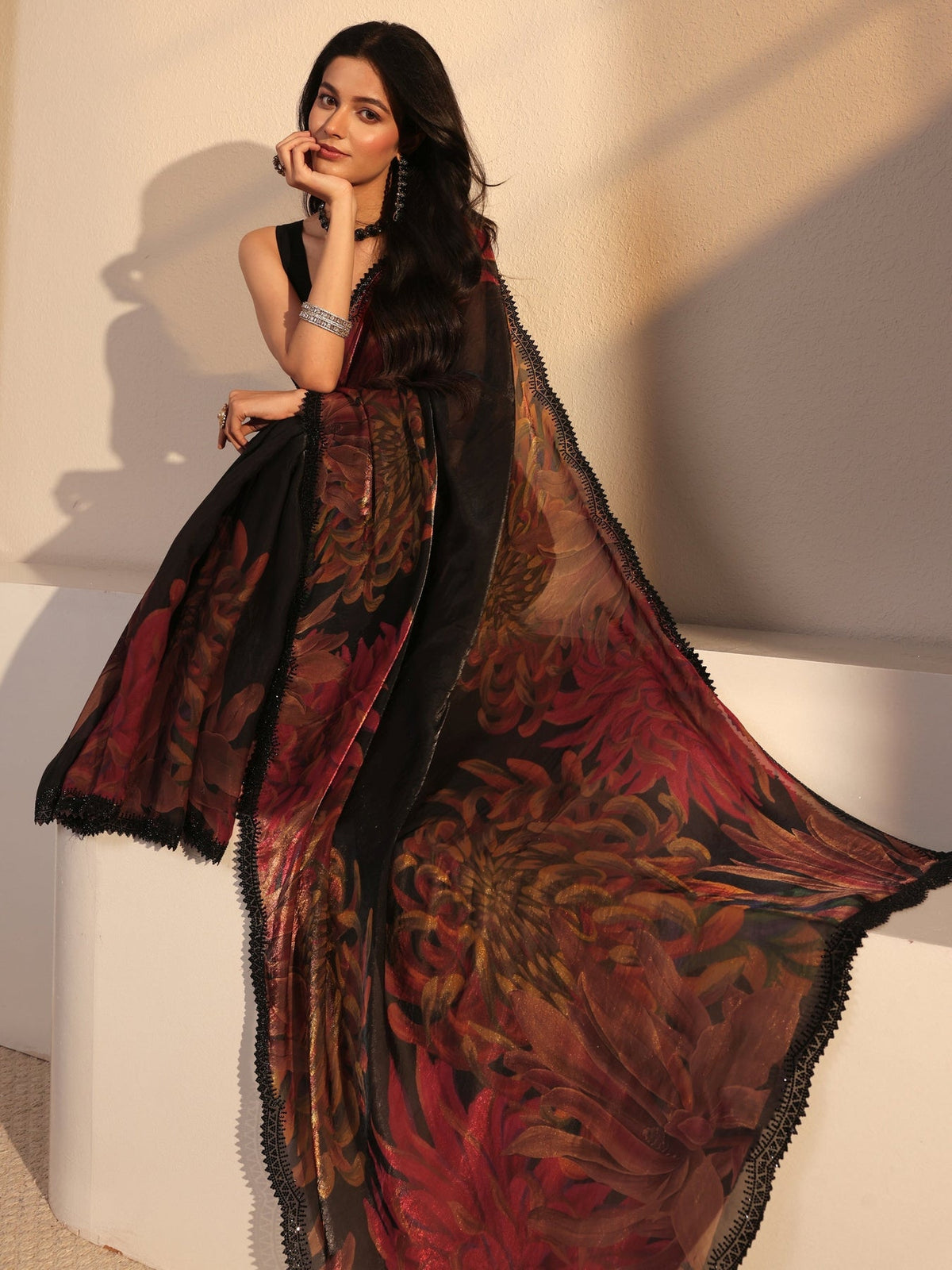 Libas Black Floral Printed Organza Saree With Unstiched Blouse Piece S45