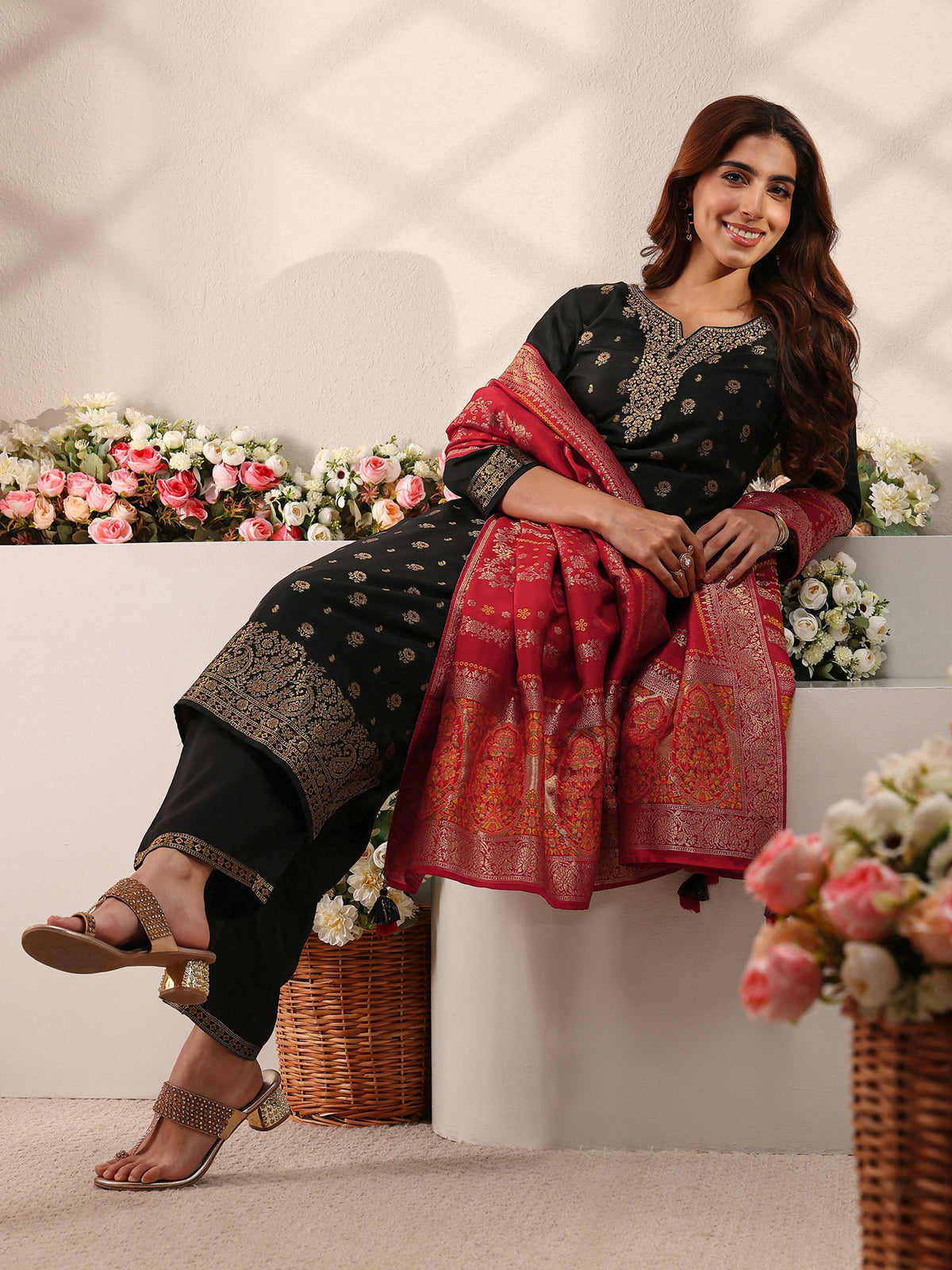 Libas Black Floral Woven Design Silk Blend Straight Suit Set With Dupatta