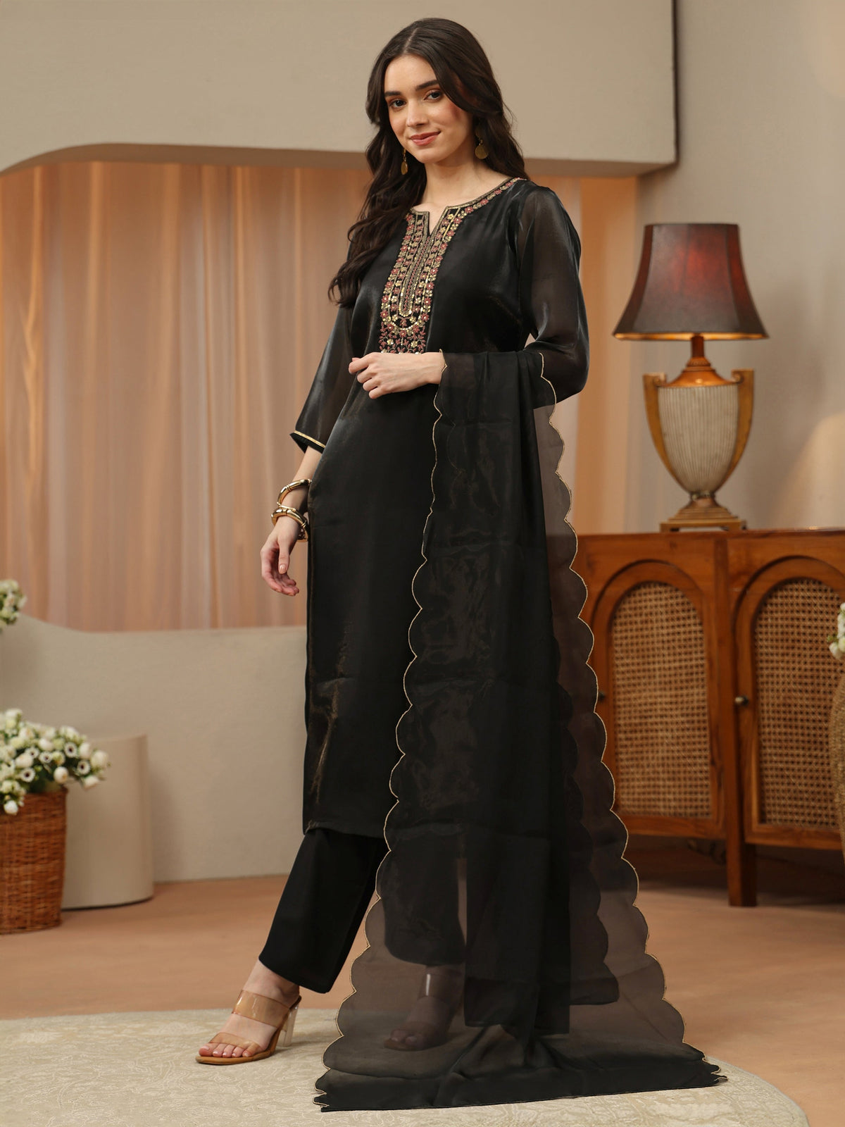 Gerua Black Floral Yoke Design Tissue Straight Suit Set
