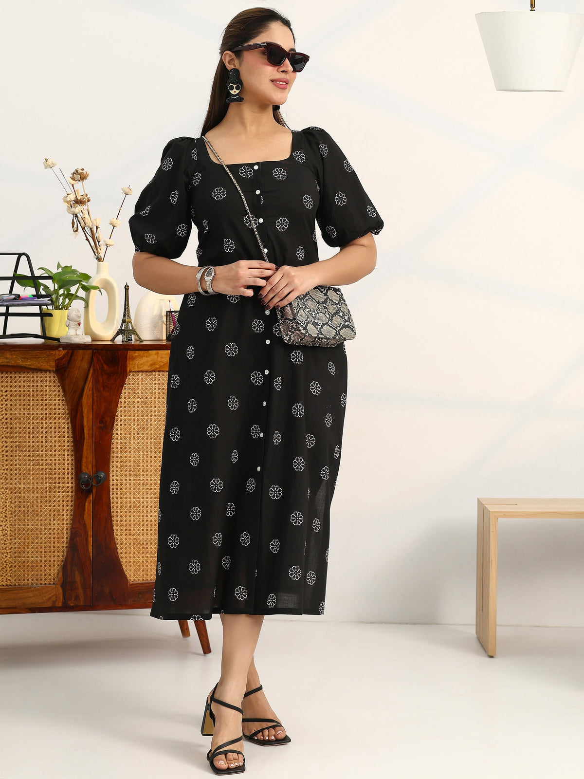 Gerua Black Printed Cotton Blend A-Line Puff Sleeves One Piece Dress