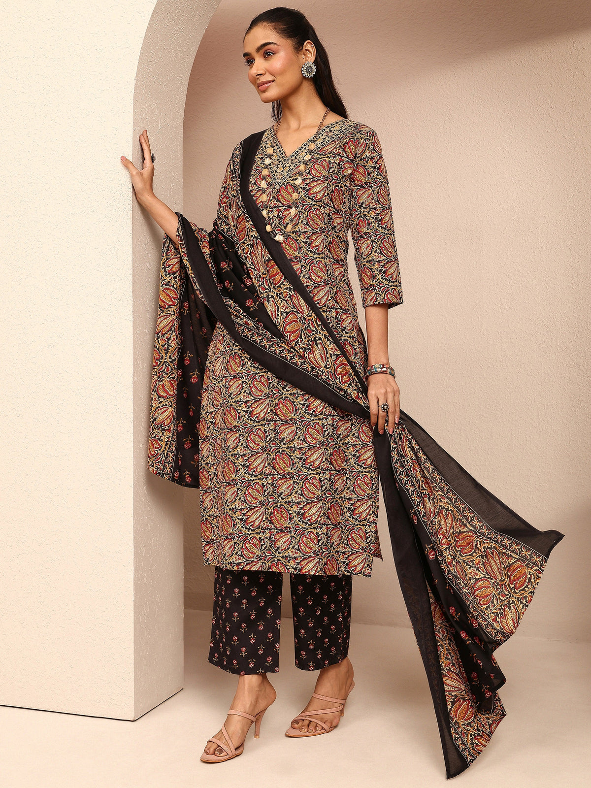Gerua Black Printed Cotton Blend Straight Suit Set With Dupatta