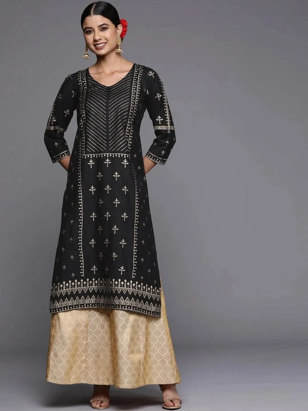 Gerua Black Printed Silk Straight Kurta