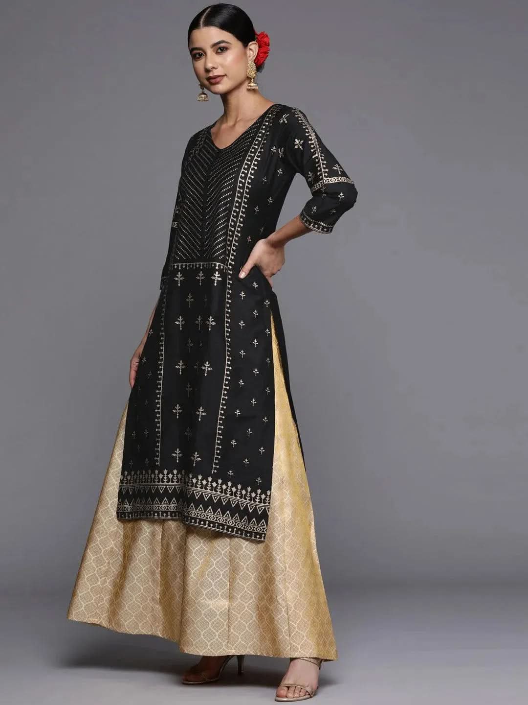 Gerua Black Printed Silk Straight Kurta