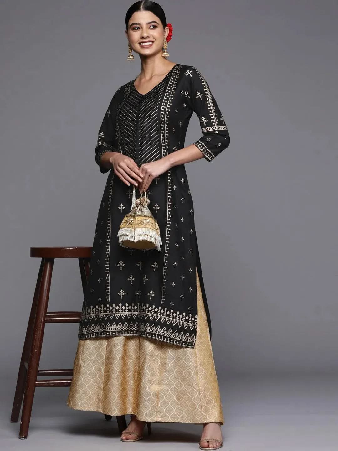 Gerua Black Printed Silk Straight Kurta