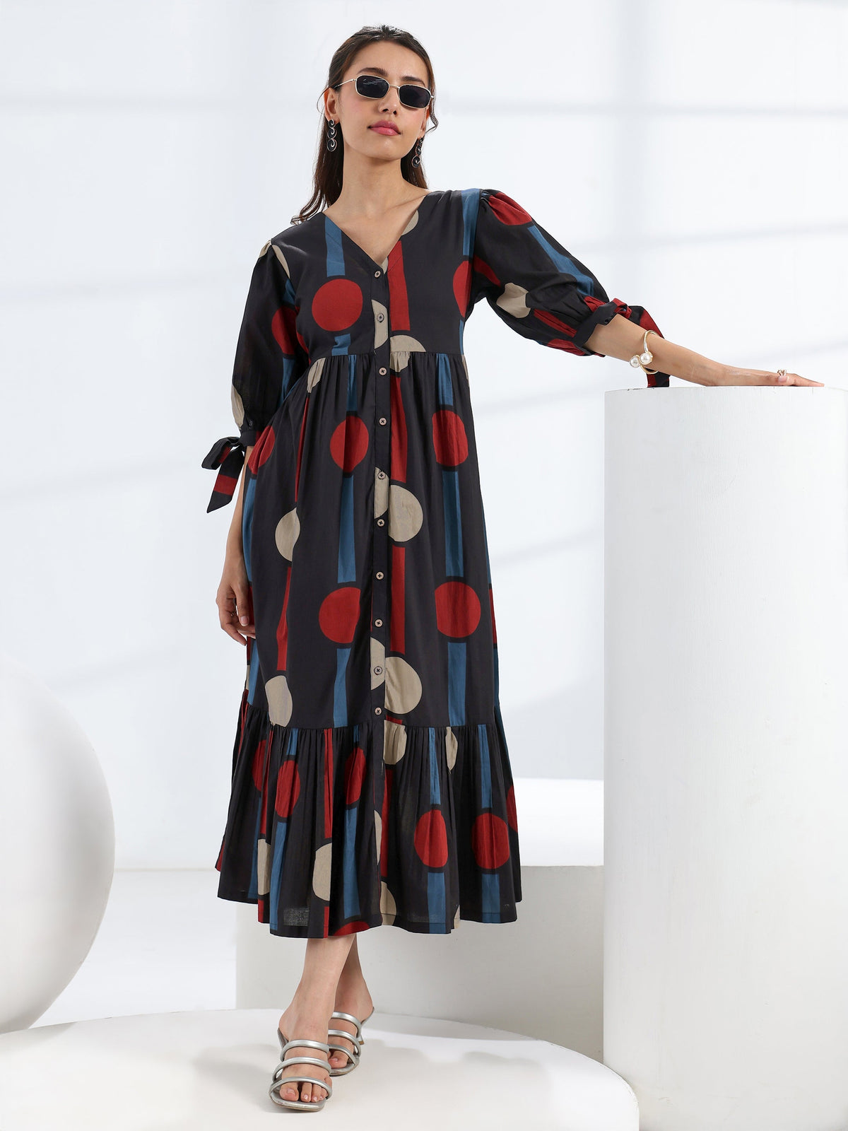 Libas Black Quirky Printed Cotton A-Line One Piece Dress