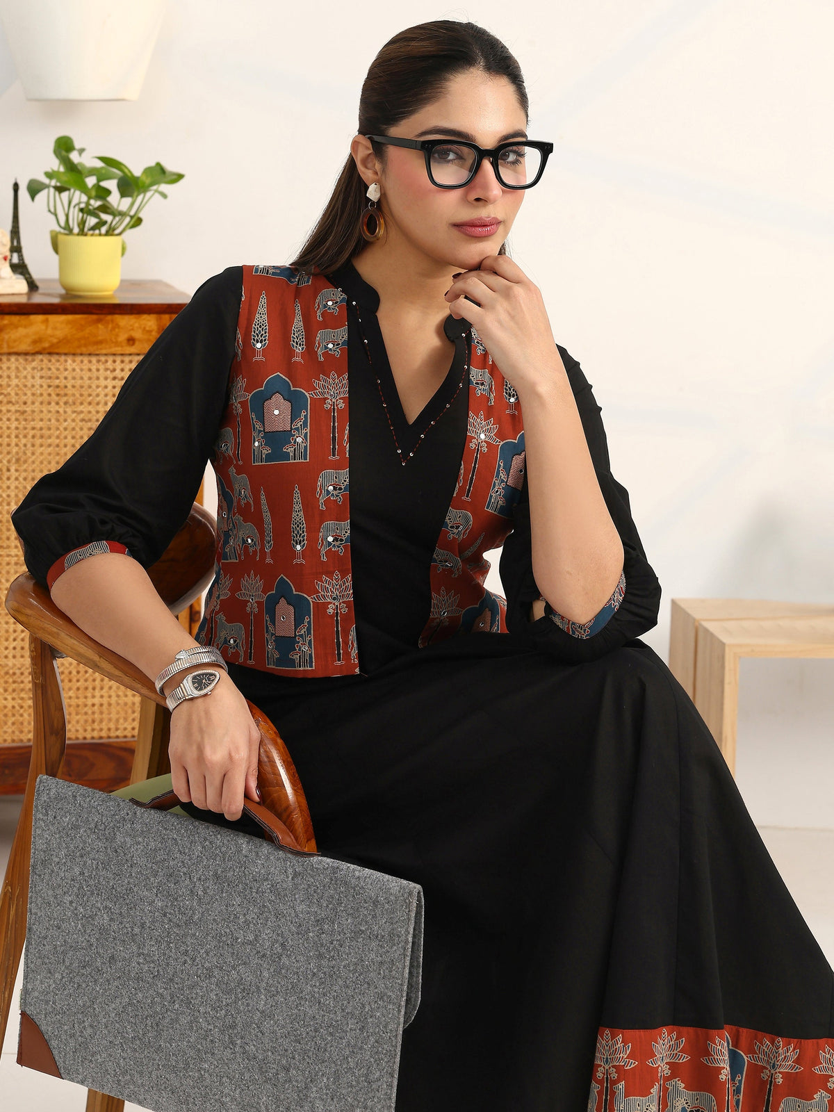 Gerua Black Solid Cotton Blend A-Line Puff Sleeves One Piece Dress With Jacket