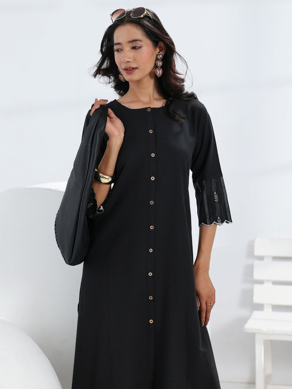 Gerua Black Solid Cotton Blend A-Line One Piece Dress