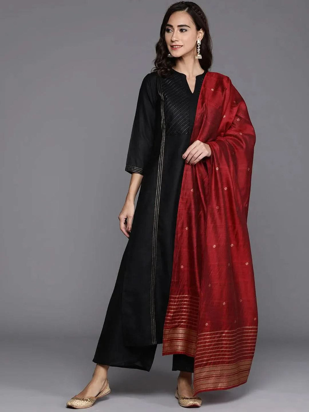 Gerua Black Solid Cotton Blend Straight Kurta With Palazzos & Dupatta