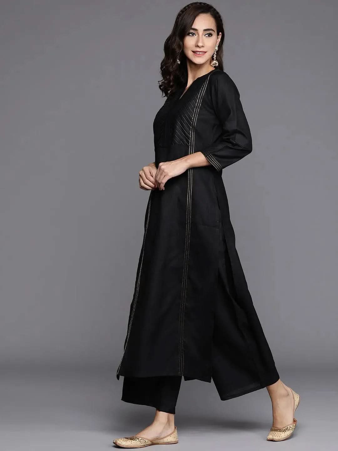 Gerua Black Solid Cotton Blend Straight Kurta With Palazzos & Dupatta