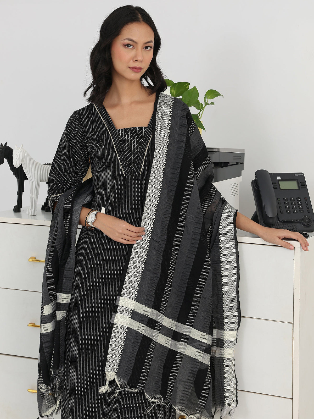 Gerua Black Striped Woven Design Cotton Blend Straight Suit Set With Dupatta