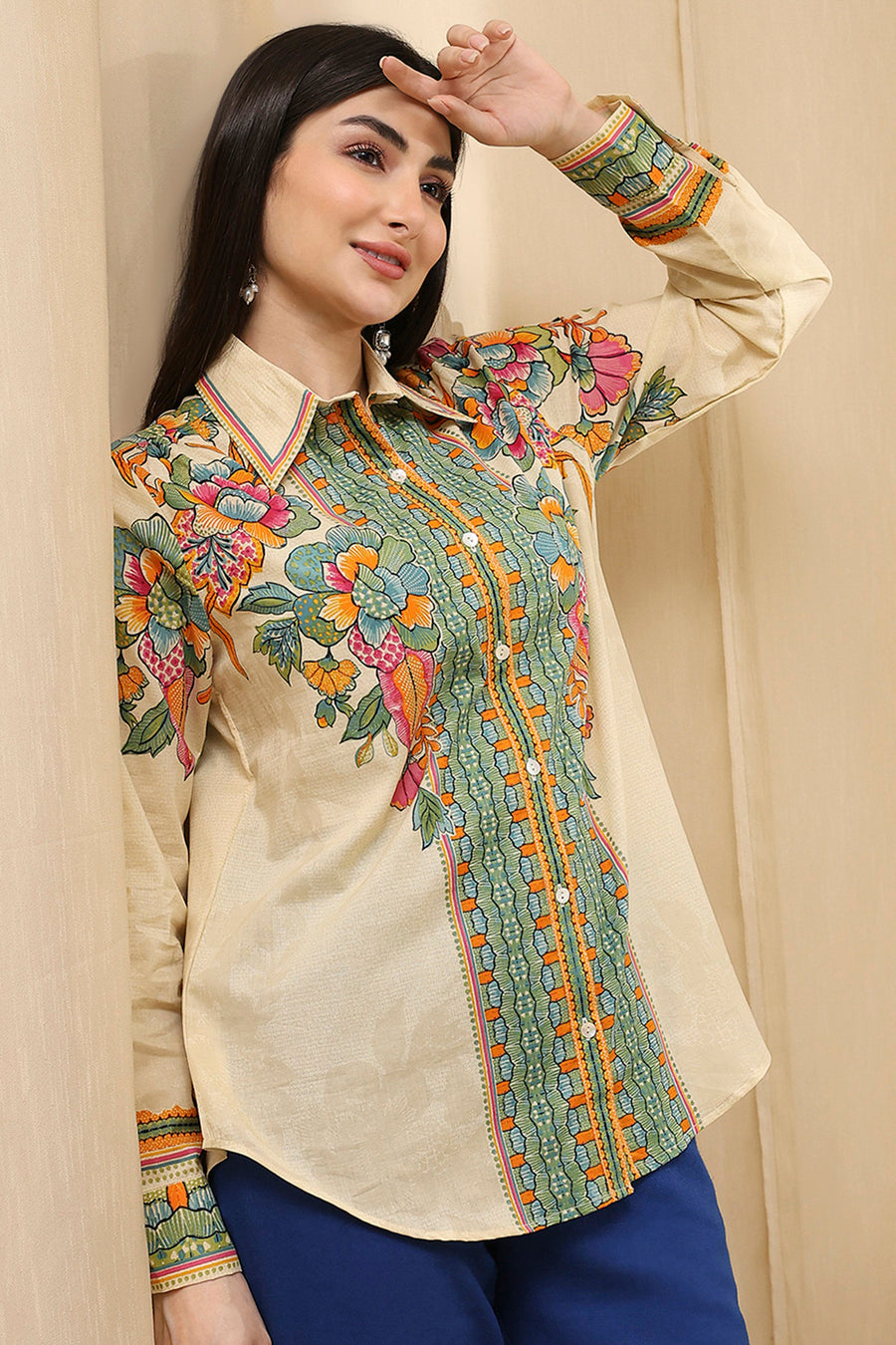 Beige Cotton Floral Printed Shirt K60