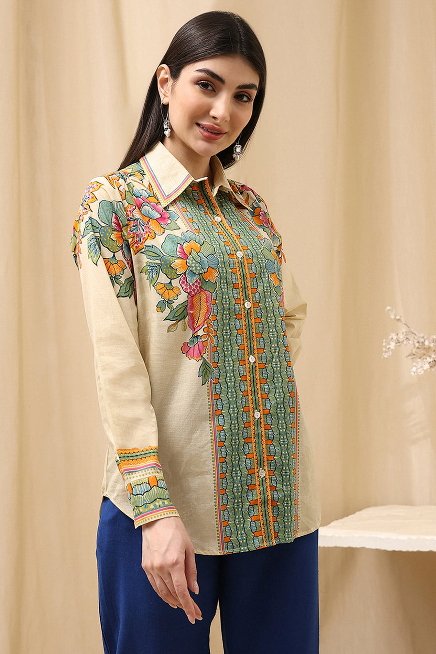 Beige Cotton Floral Printed Shirt K60