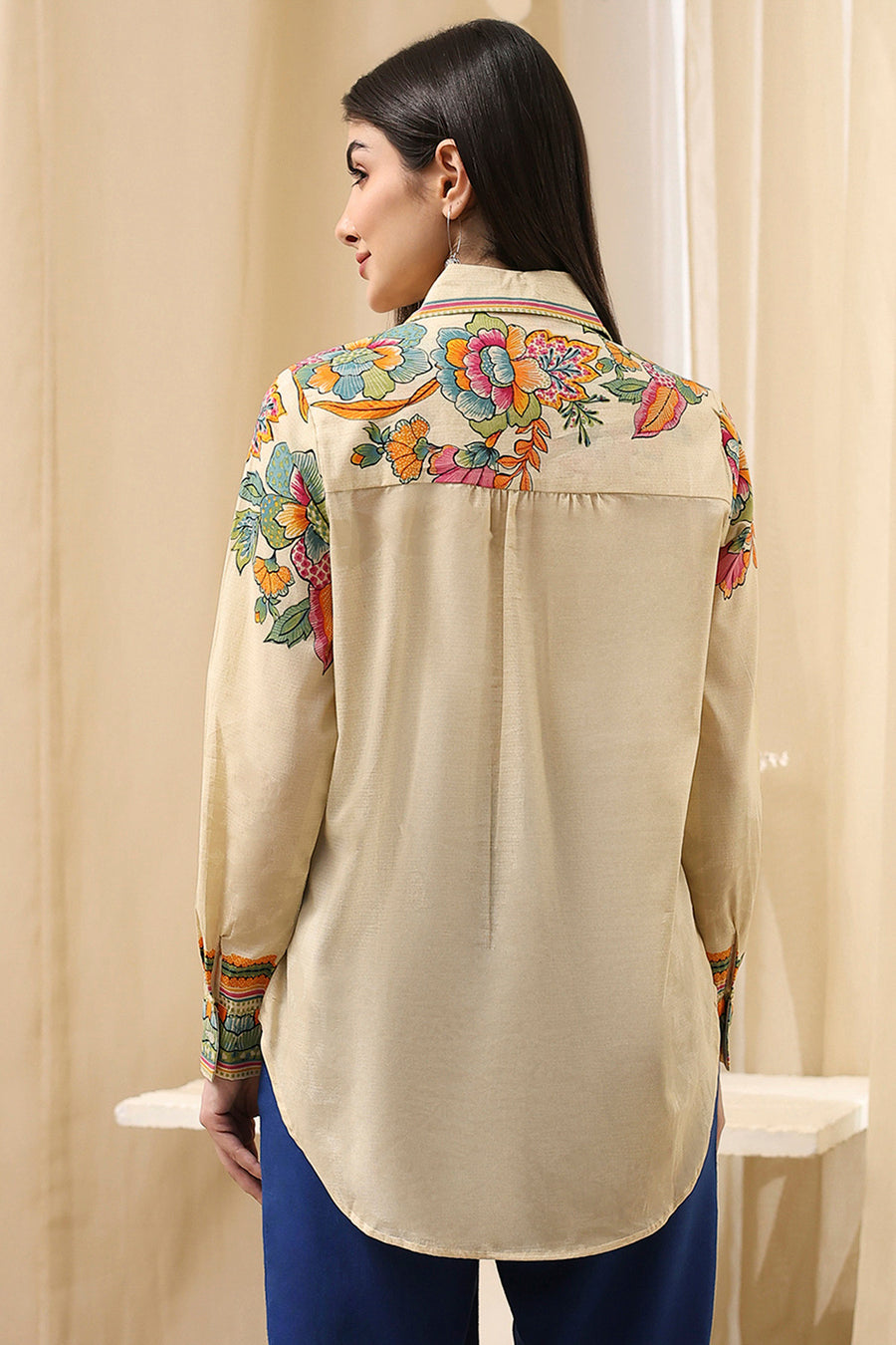 Beige Cotton Floral Printed Shirt K60