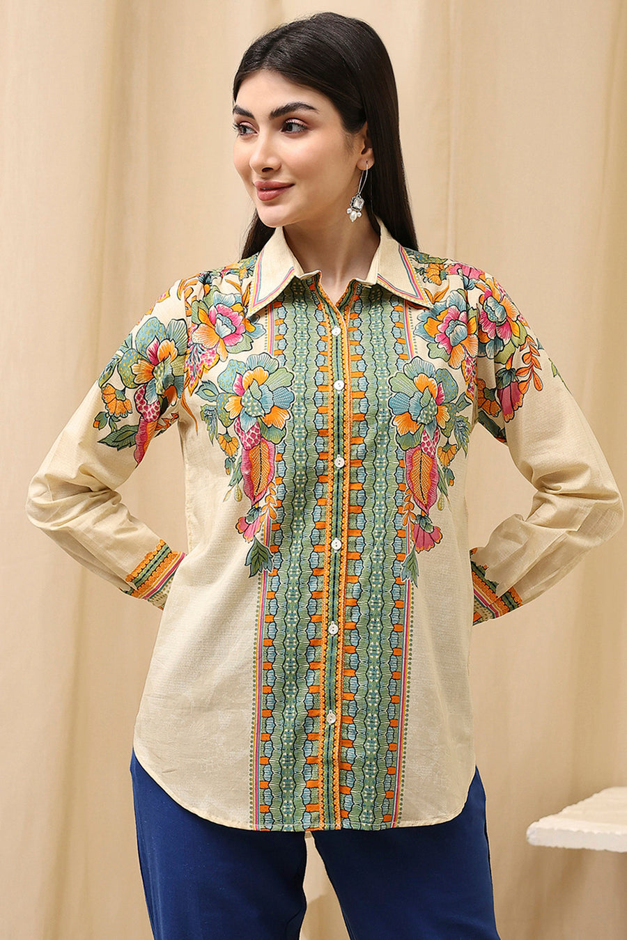 Beige Cotton Floral Printed Shirt K60