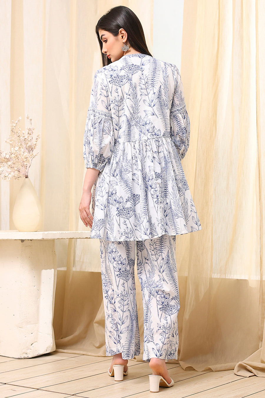 Off-White and Blue Cotton Asymmetric Co-ord Set CO87