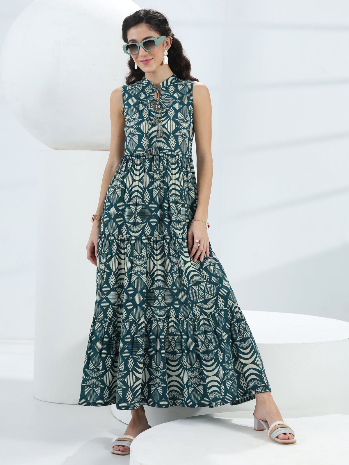 Libas Blue Abstract Printed Cotton Fit-And-Flare One-Piece Tiered Dress