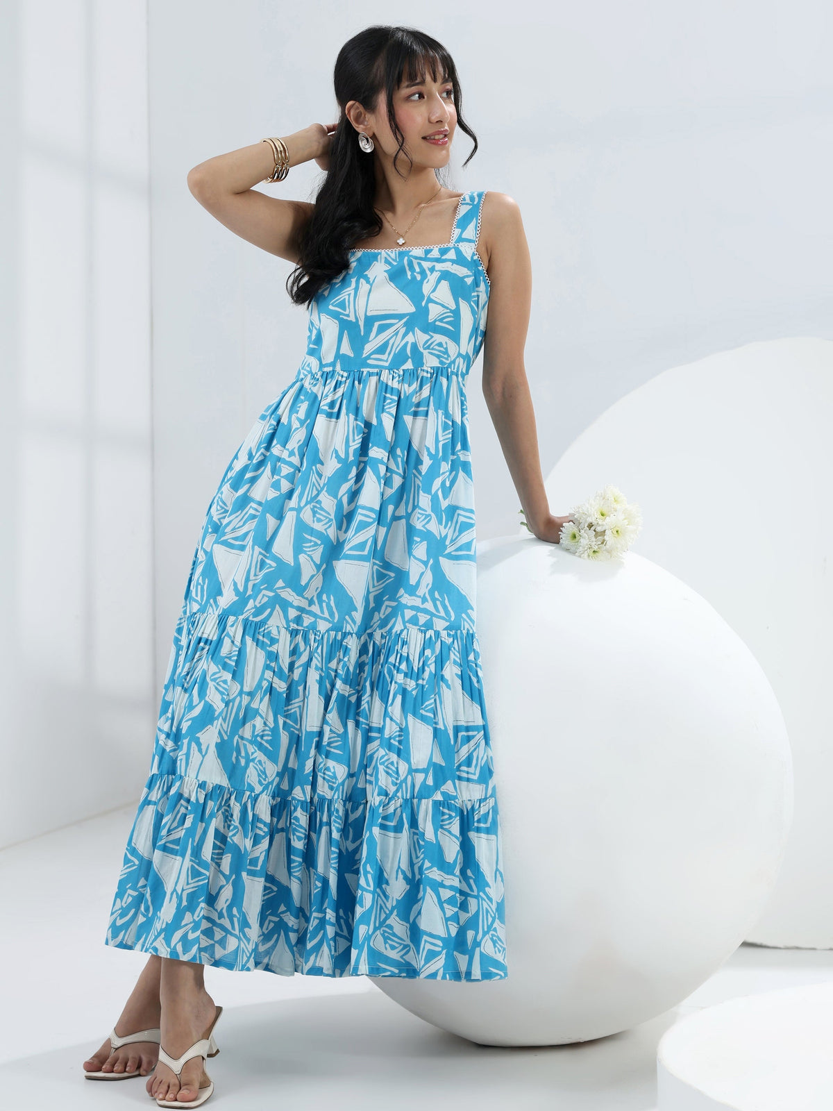 Libas Blue Abstract Printed Cotton One-Piece Tiered Dress