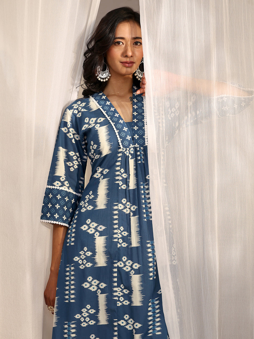 Libas Blue Block Printed Cotton A-Line Kurta