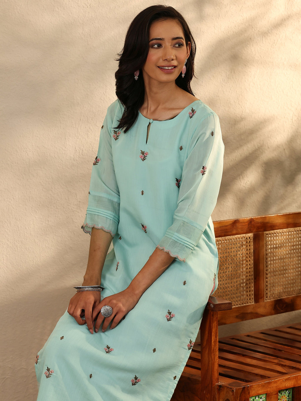 Libas Blue Embroidered Chanderi Cotton Straight Kurta