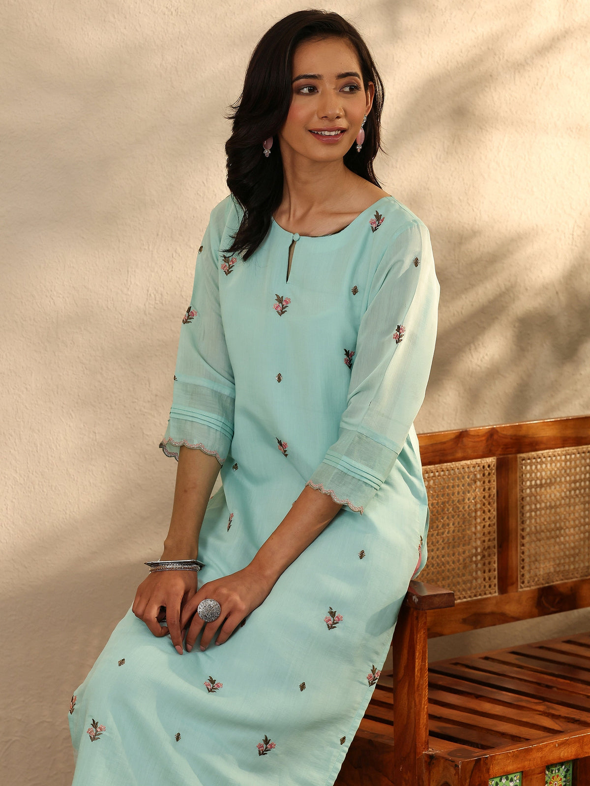Libas Blue Embroidered Chanderi Cotton Straight Kurta