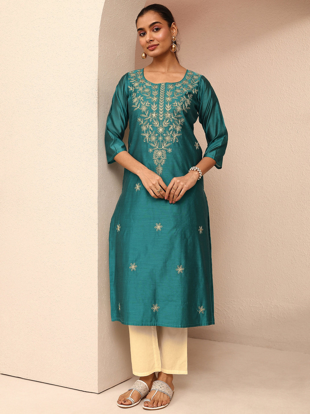 Libas Blue Embroidered Chanderi Silk Straight Kurta