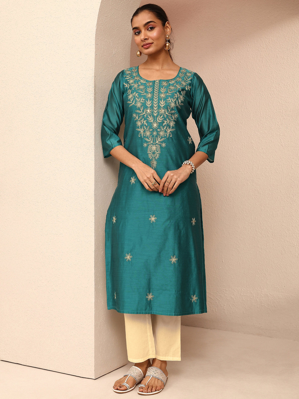 Libas Blue Embroidered Chanderi Silk Straight Kurta