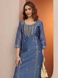 Libas Blue Embroidered Chanderi Silk Straight Kurta