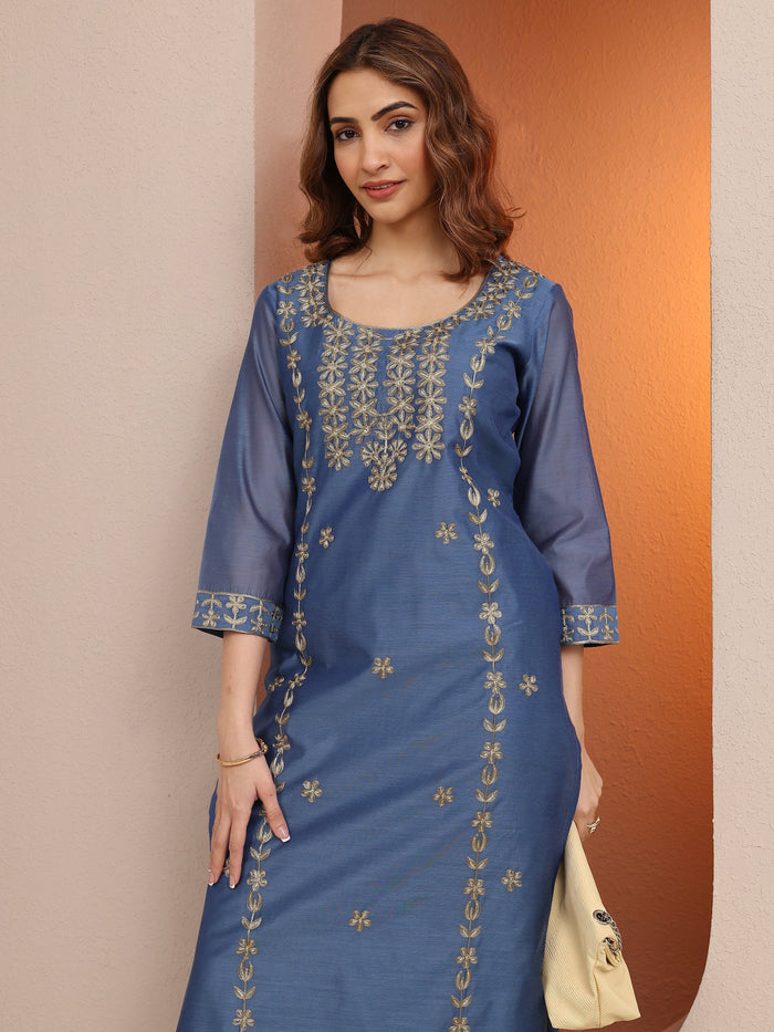 Libas Blue Embroidered Chanderi Silk Straight Kurta