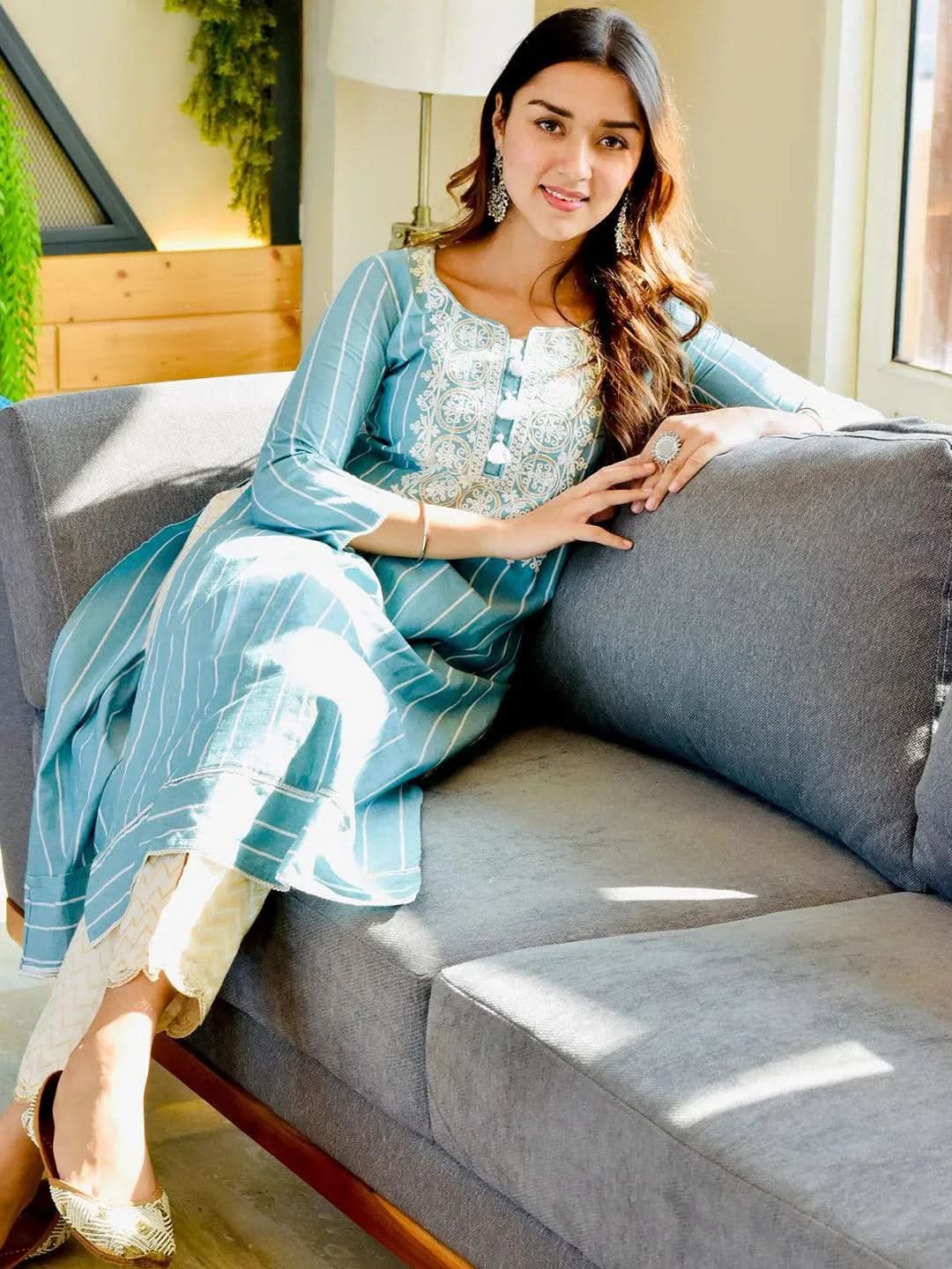 Libas Blue Embroidered Cotton Straight Kurta
