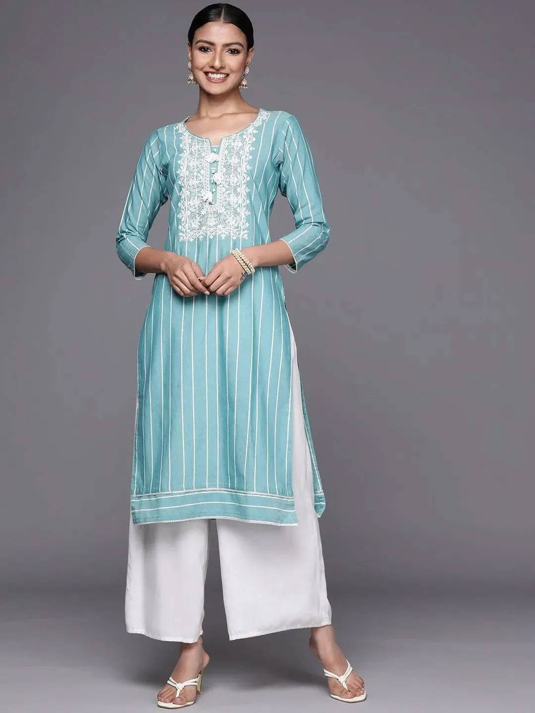 Libas Blue Embroidered Cotton Straight Kurta