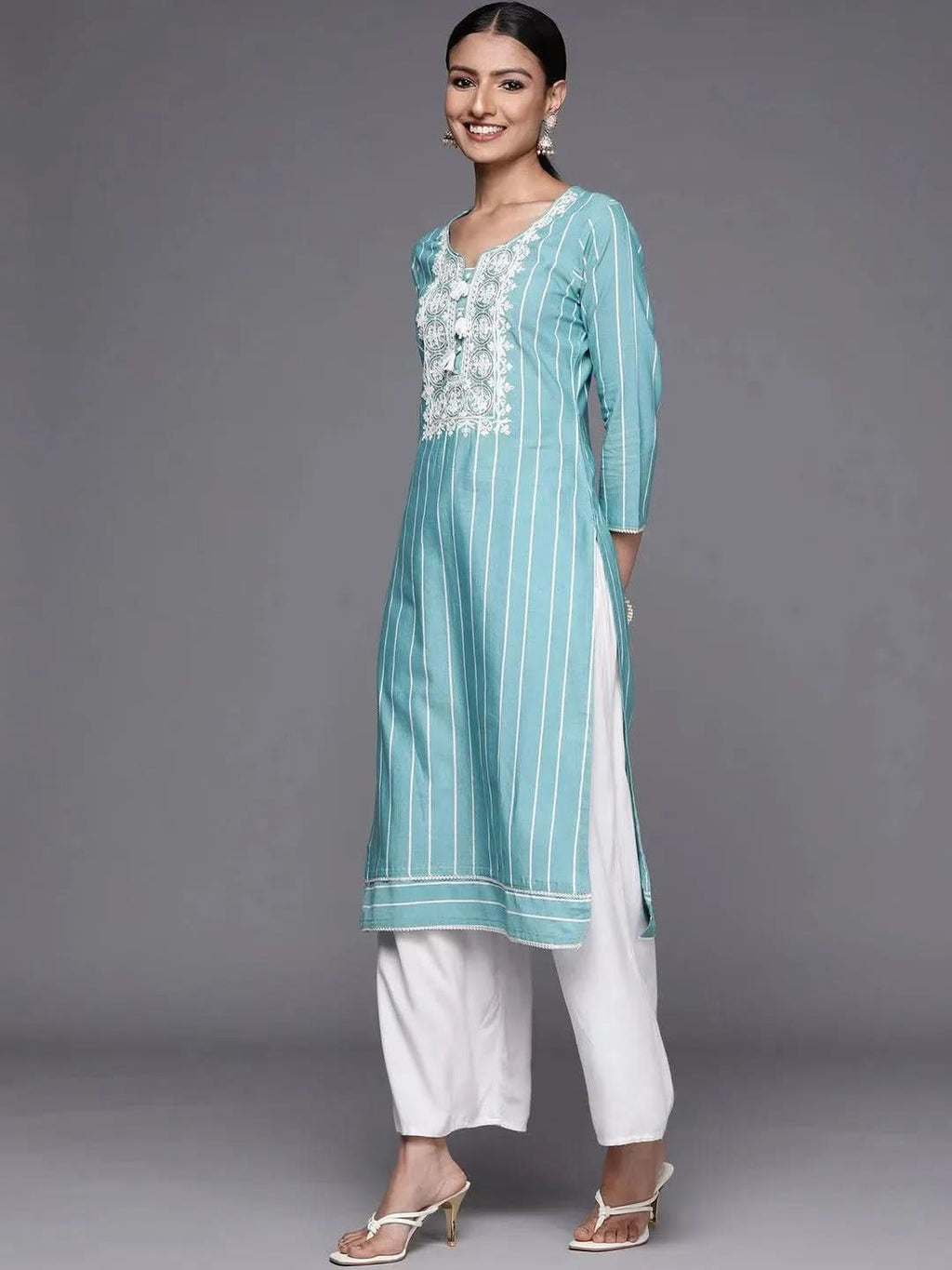 Libas Blue Embroidered Cotton Straight Kurta