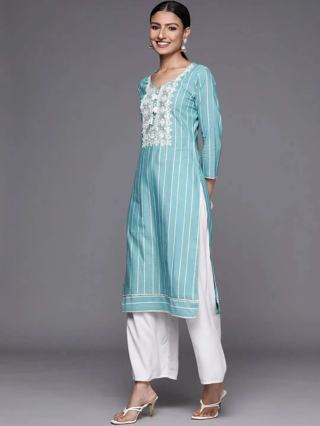 Libas Blue Embroidered Cotton Straight Kurta