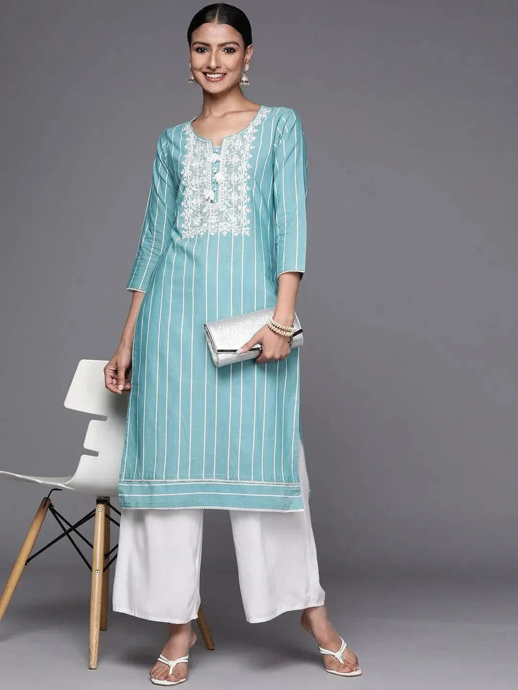 Libas Blue Embroidered Cotton Straight Kurta