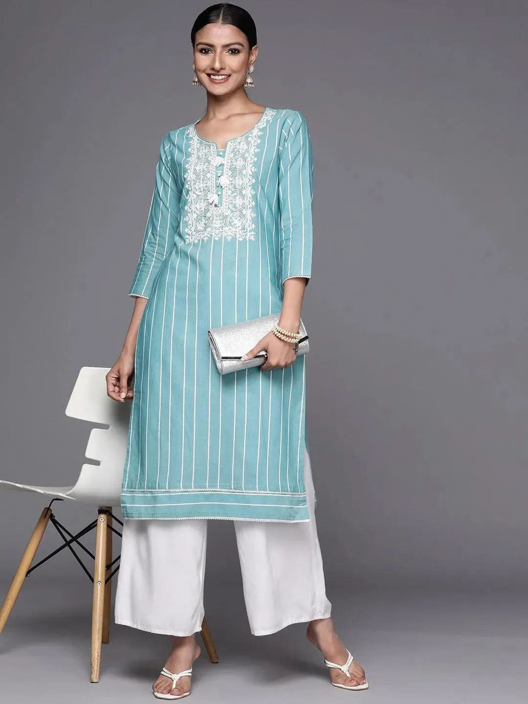 Libas Blue Embroidered Cotton Straight Kurta