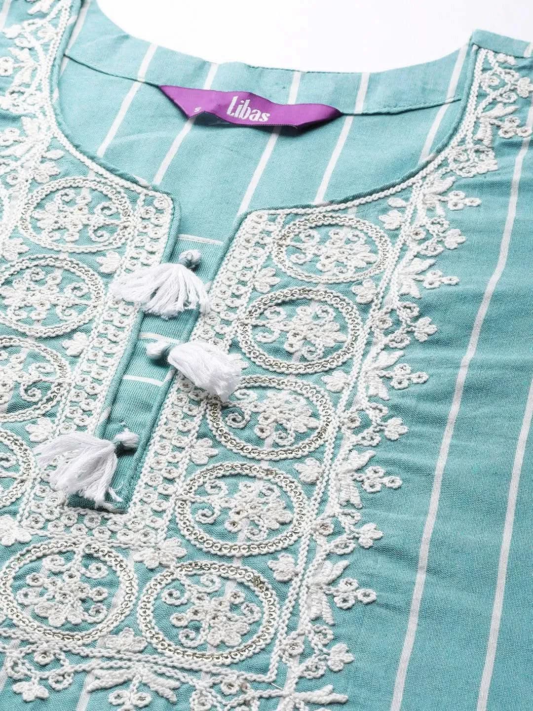 Libas Blue Embroidered Cotton Straight Kurta