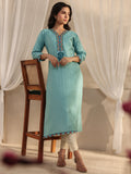 Libas Blue Embroidered Silk Blend Straight Kurta