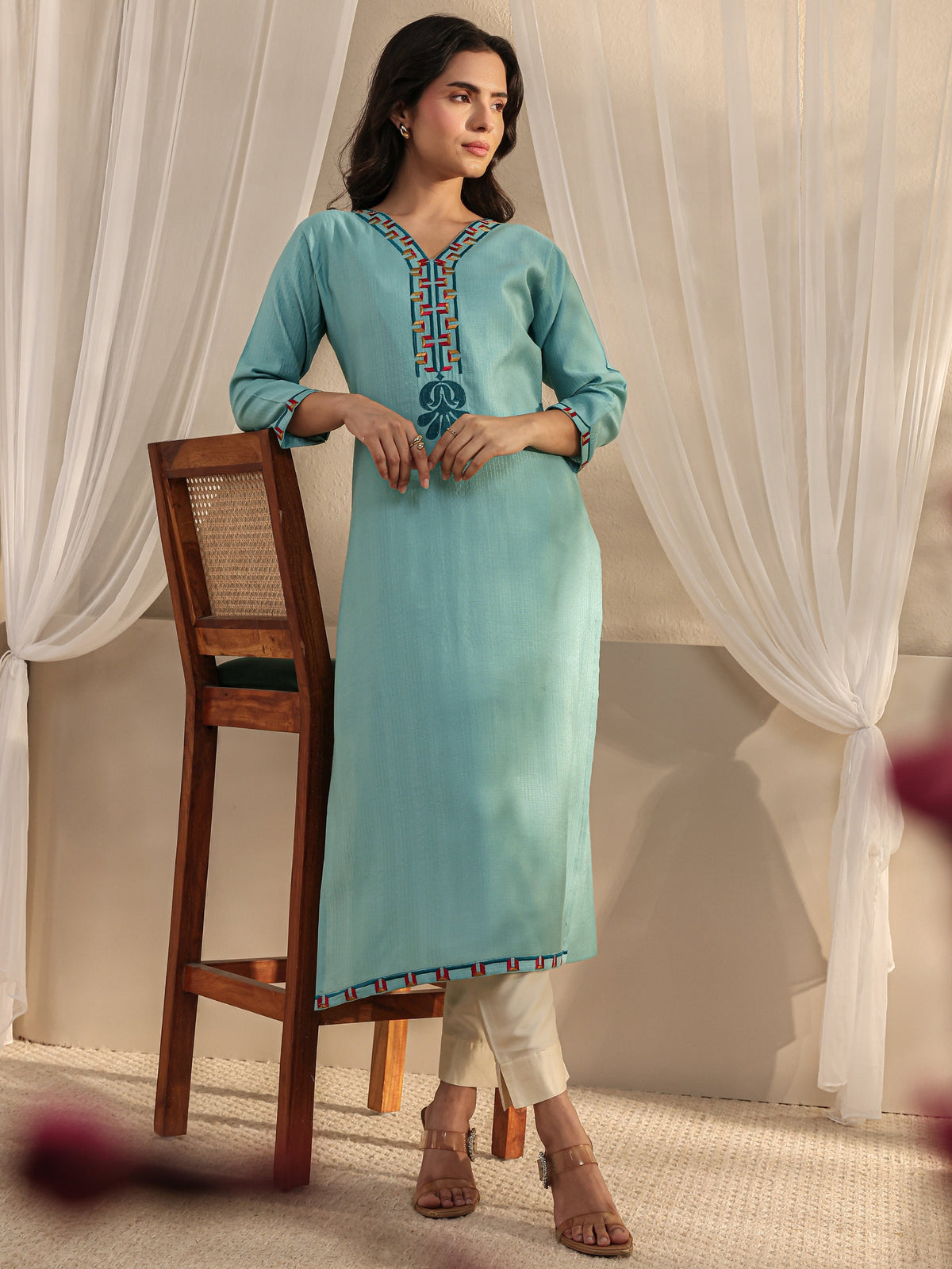 Libas Blue Embroidered Silk Blend Straight Kurta