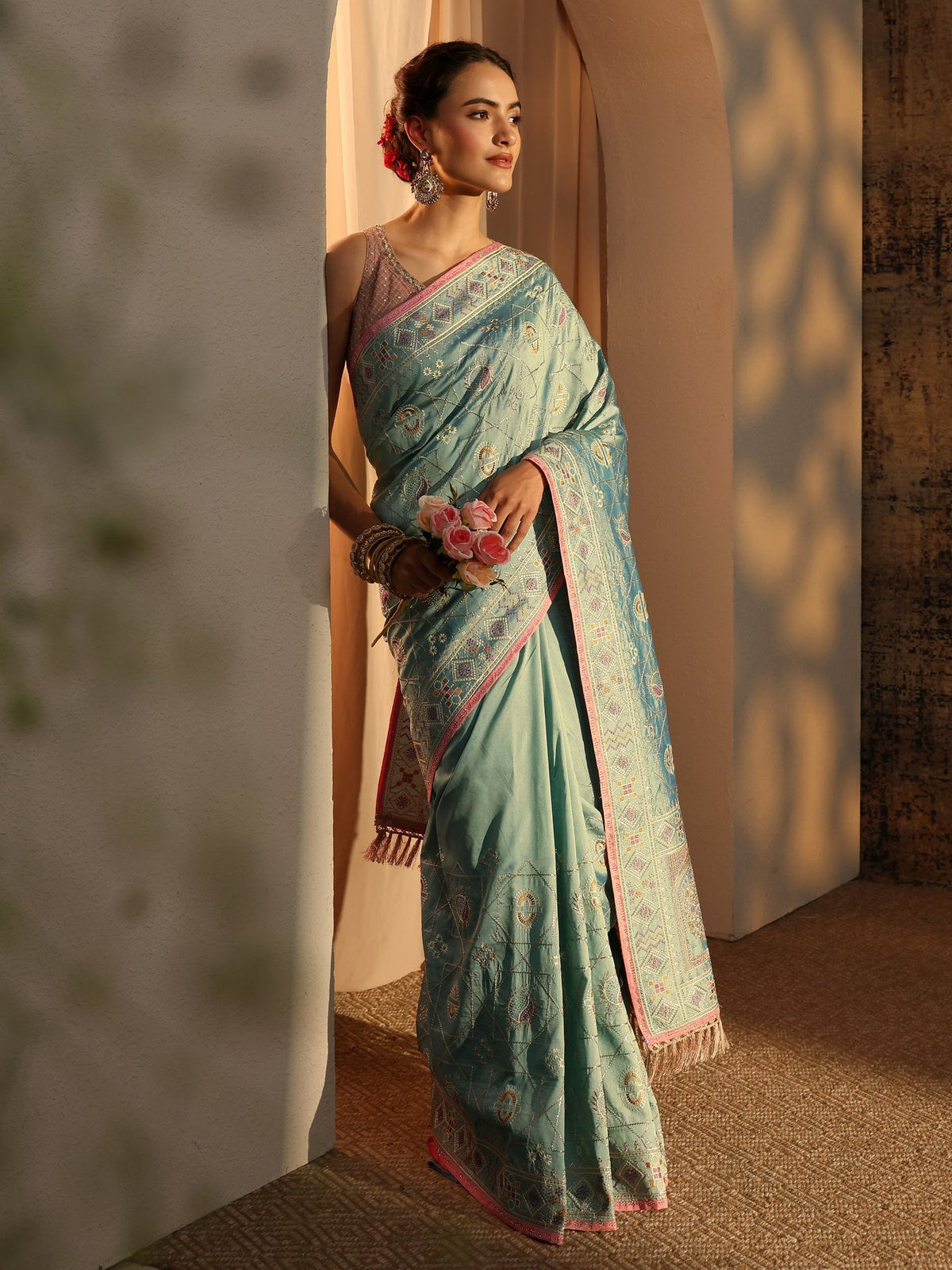 Libas Blue Ethnic Motifs Embroidered Silk Blend Saree With Unstitched Blouse Piece S45