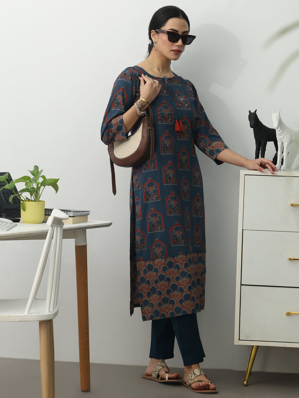 Gerua Blue Ethnic Motifs Printed Cotton Blend Straight Kurta Set