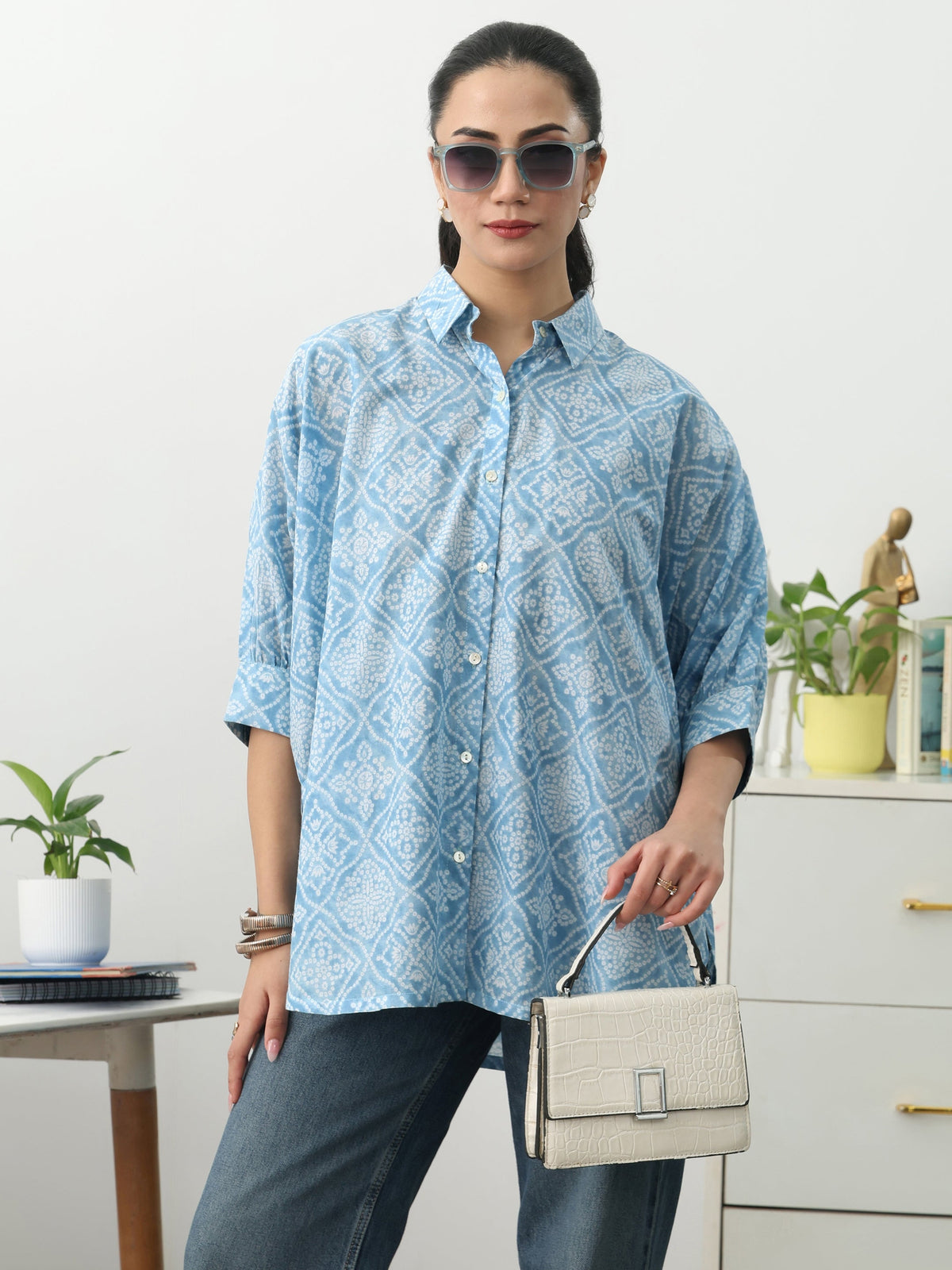 Gerua Bandhani Blue Cotton Blend Signature Shirt