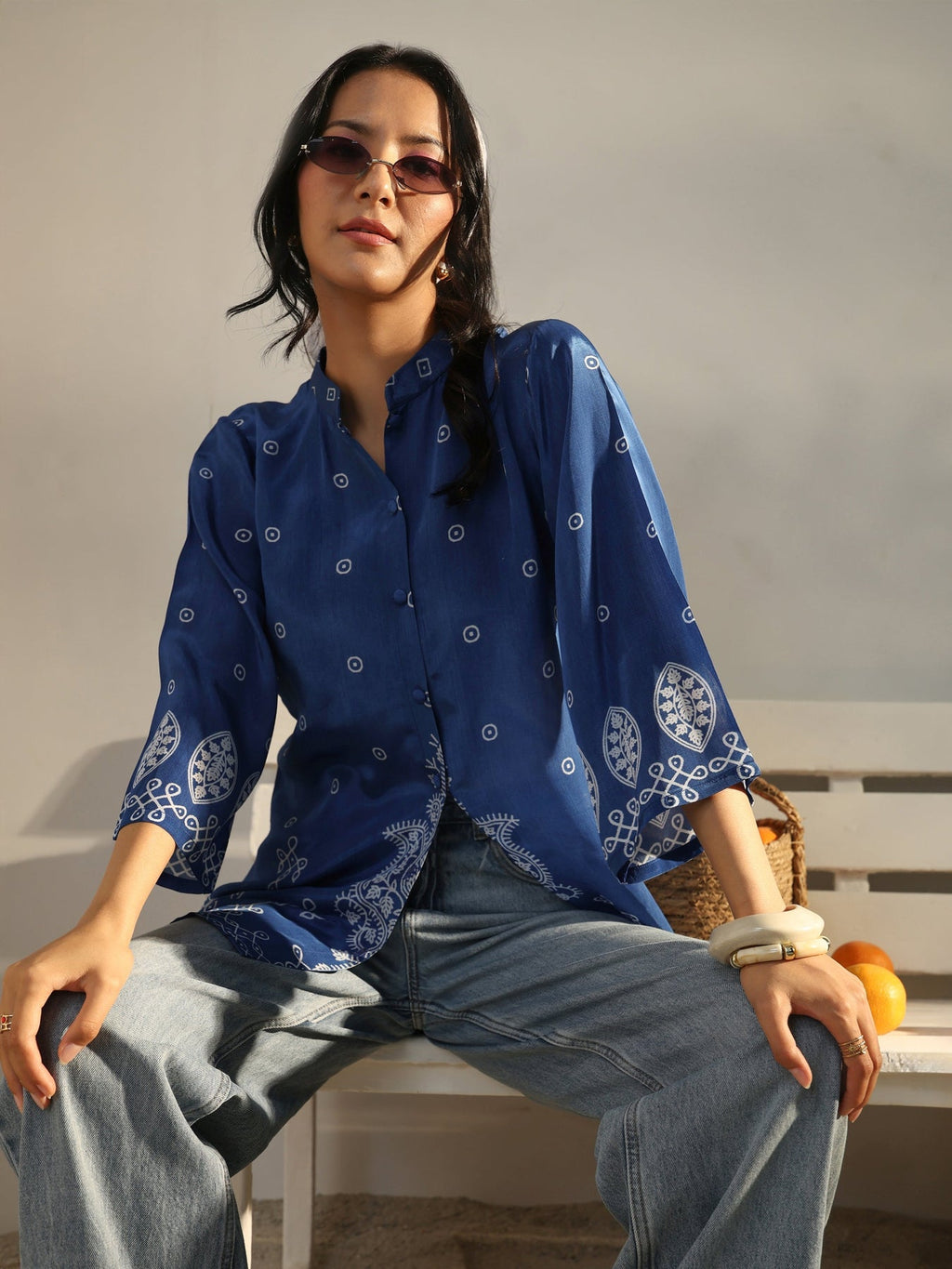 Libas Blue Ethnic Printed Crepe Shirt K60