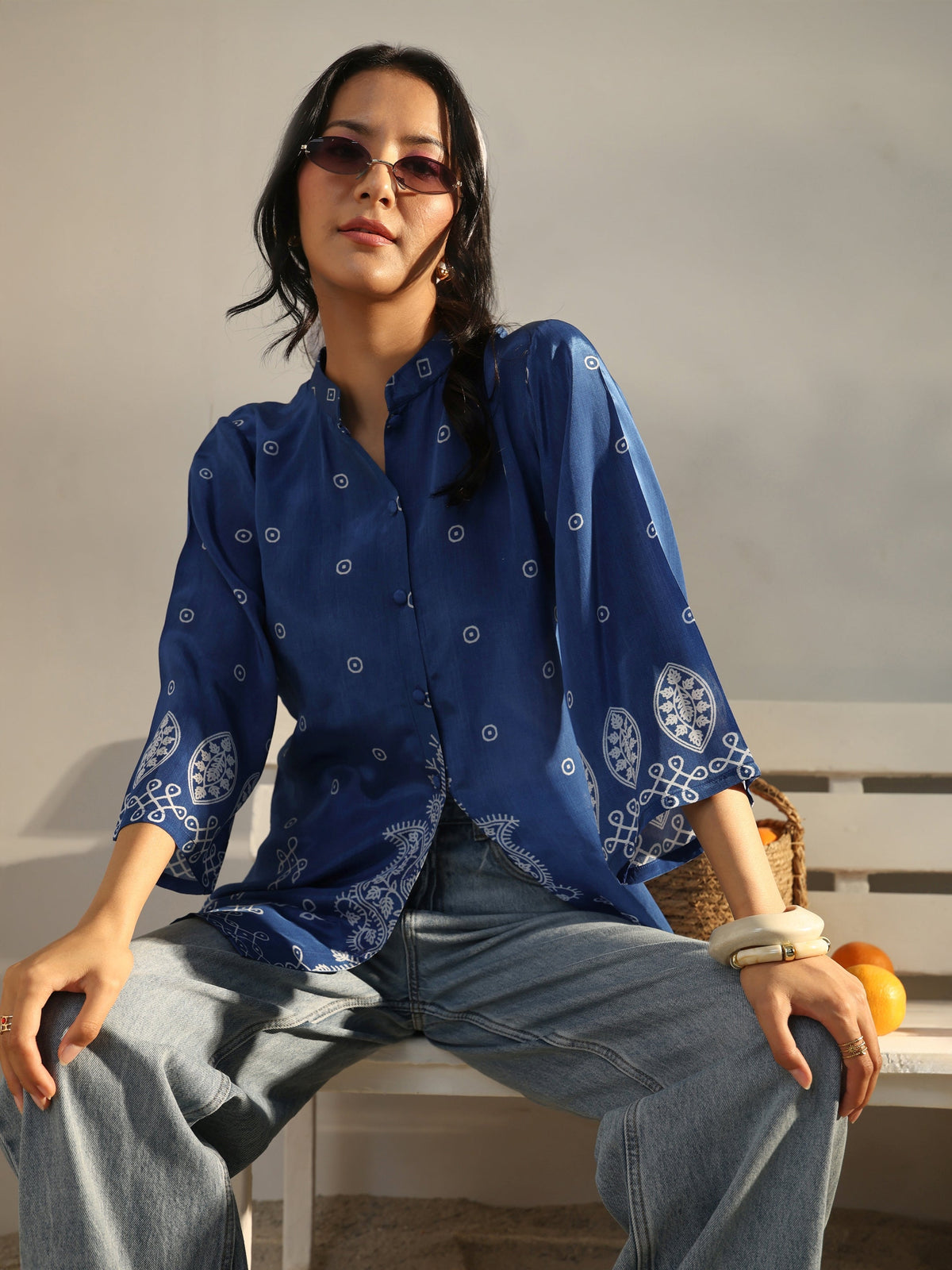 Libas Blue Ethnic Printed Crepe Shirt