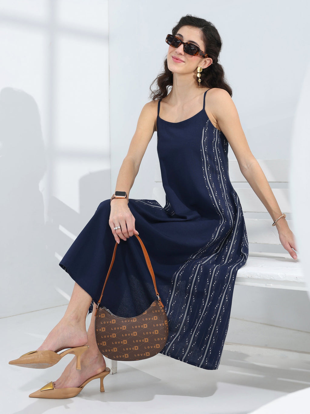 Gerua Blue Ethnic Woven Design Cotton Blend A-Line One Piece Dress