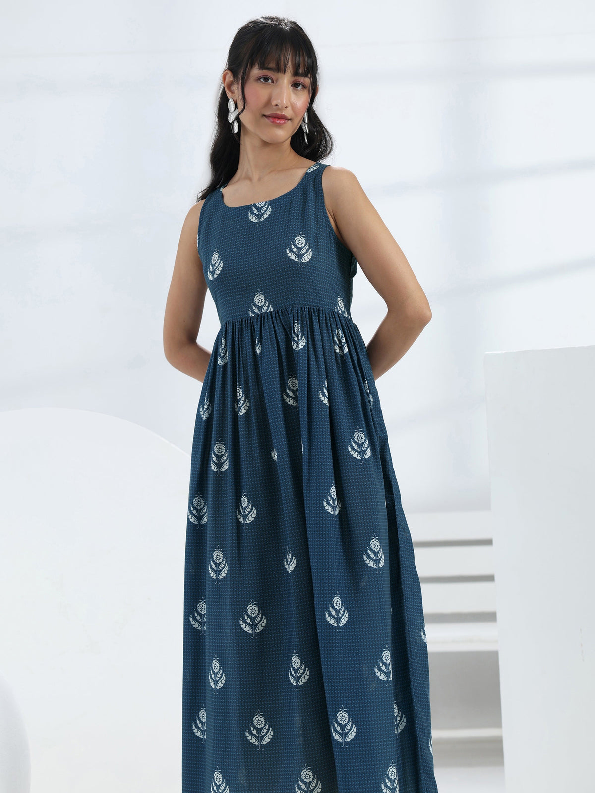Libas Blue Floral Printed A-Line Cotton Blend One-Piece Dress
