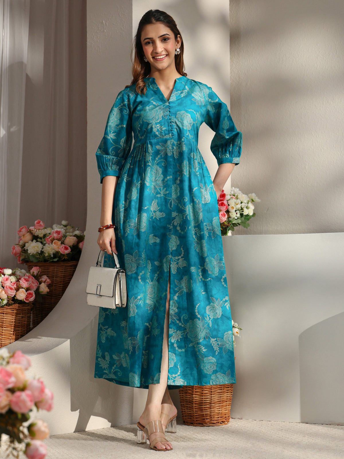 Libas Blue Floral Printed Cotton A-Line One Piece Dress