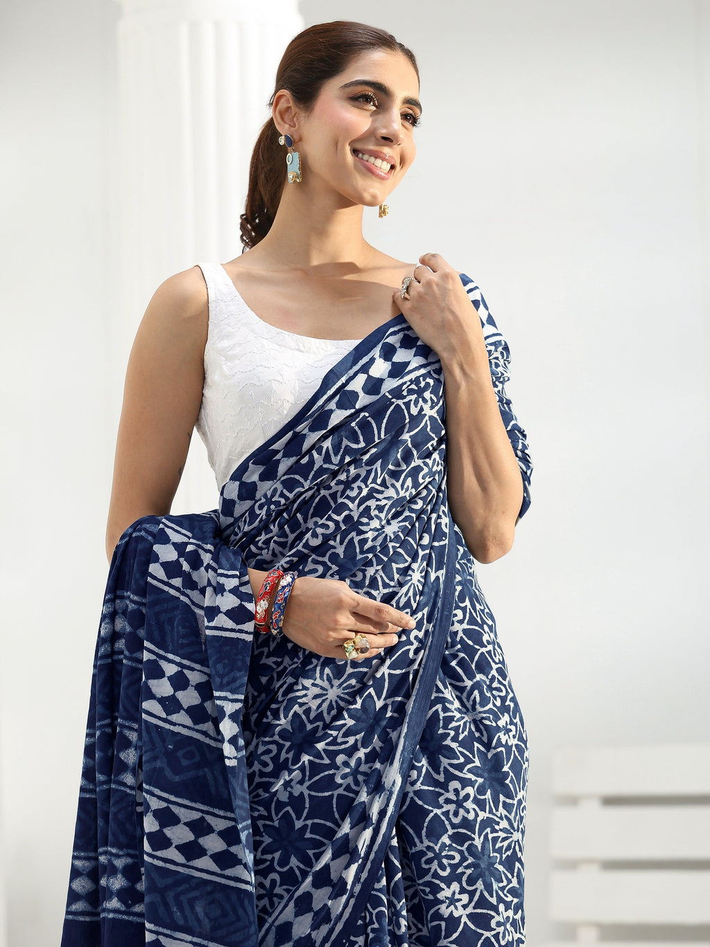 Libas Indigo Floral Dabu Print Cotton Saree
