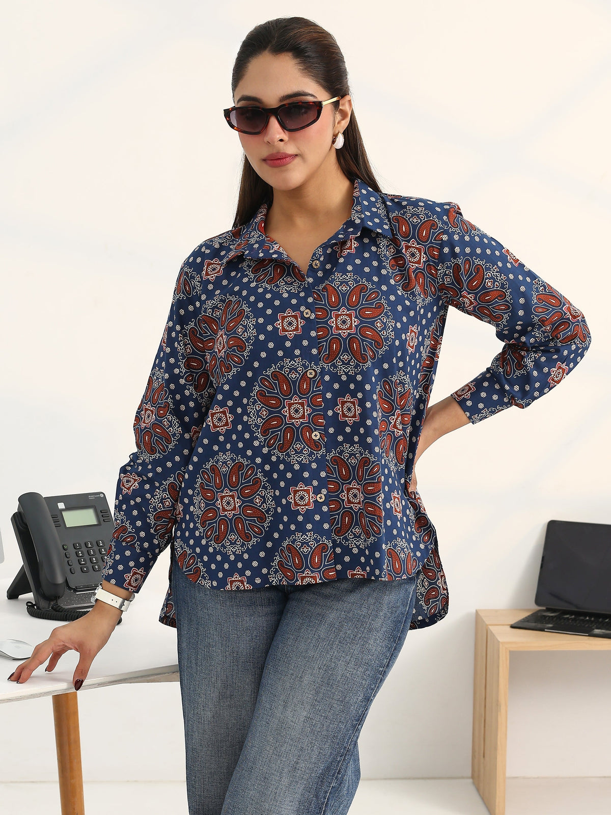 Gerua Blue Paisley Printed Cotton Blend Shirt