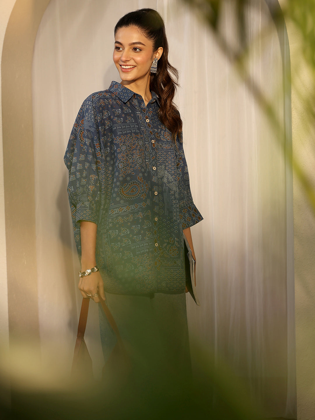 Libas Blue Paisley Printed Cotton Straight Shirt K60